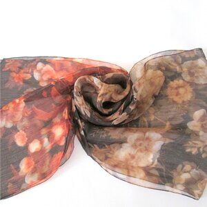 Vintage Larioseta Women's Sheer Scarf Brown Floral Print 13 x 70 Made In Italy